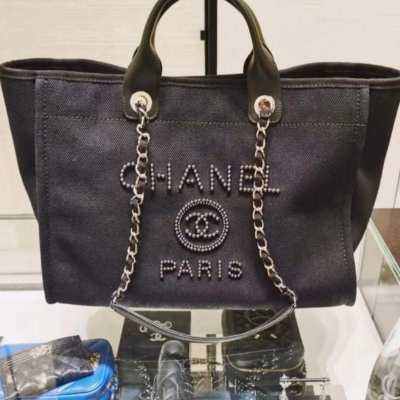 二手Chanel香奈兒女包帆布珍珠鏈條手提單肩包購物袋