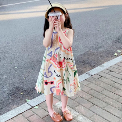 女童背心裙韓版藝術塗鴉款無袖棉質連身裙