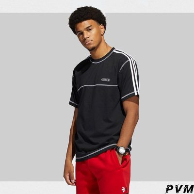 ADIDAS 男裝 短袖 T恤 休閒 三葉草 三線 棉 黑 GN3886