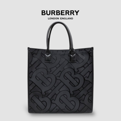 ?Burberry 緹花TB字樣/黑色品牌LOGO 手提肩背兩用托特包｜手提包｜斜肩包｜肩背包｜黑色緹花｜男女通用款