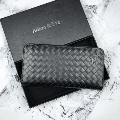 Adam & Eve EA 真牛皮夾編織長夾 格紋長夾 男長夾 拉鍊層 大容量 禮盒+提袋