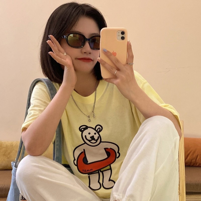 【三番雜貨屋】夏日的游泳圈熊熊 純棉T恤 美式上衣短袖 休閒風 原宿慵懶風 日系少女感