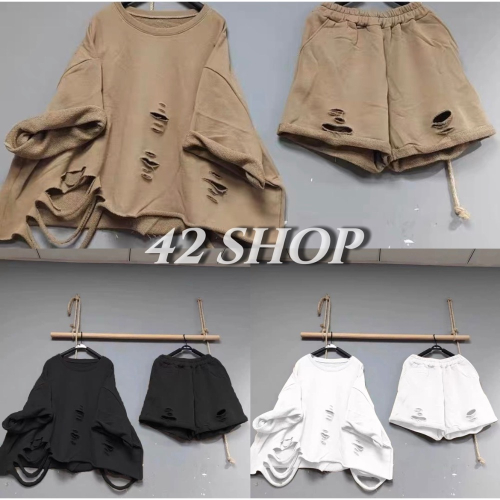?? ???? ?????? | 破洞做舊oversize棉質衛衣破洞棉短褲套装