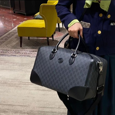 二手99新Gucci古馳男包黑色互扣式雙G旅行包手提休閑旅行袋696014