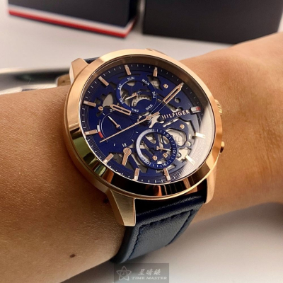 TommyHilfiger:手錶,型號:TH00042,男錶44mm玫瑰金錶殼寶藍色錶面真皮皮革錶帶款