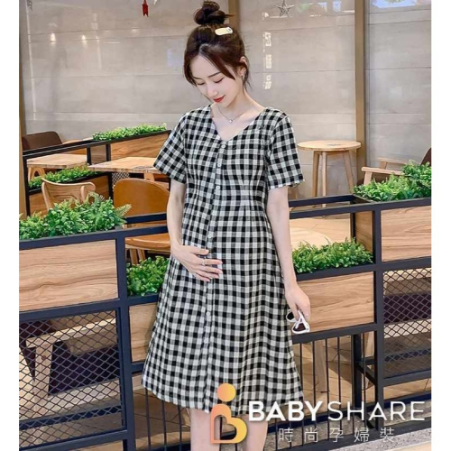 台灣現貨 V領格紋仿襯衫洋裝 短袖 洋裝 連身裙 孕婦裝 BabyShare時尚孕婦裝【CA6002】