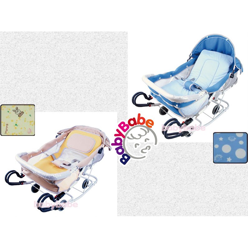 台灣製造 附蚊帳 BABYBABE 雙管加寬分段式彈搖椅 S-19 手動搖床/嬰兒床/彈床/彈椅/安撫椅 藍色/卡其色