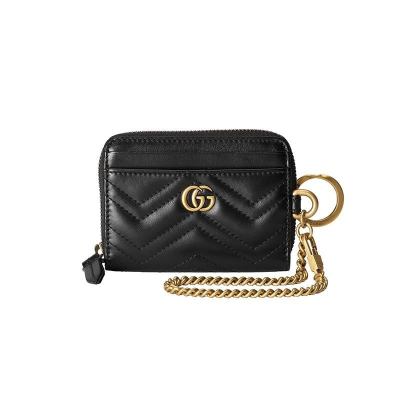 二手99新GUCCI/古馳 23新款 女士黑色皮革雙G配飾金色鏈條卡夾錢包