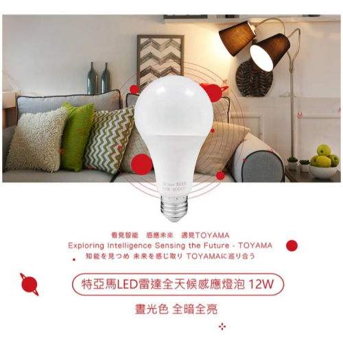TOYAMA 特亞馬 LED雷達微波全天候感應燈泡 12W 全暗全亮型 – E27螺旋型