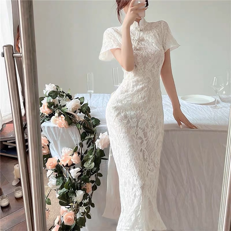 ❤️現貨在台，白M(S-L) 中國風 訂婚 禮服 開叉 改良旗袍 海邊 度假 露背 蕾絲 短袖 連衣裙 長裙 禮服