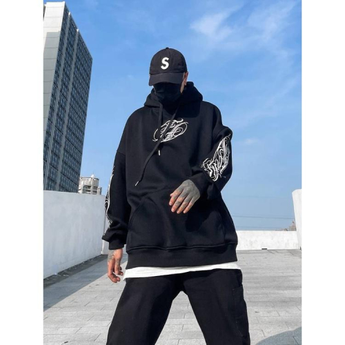 西海岸 加絨 寬松 帽T