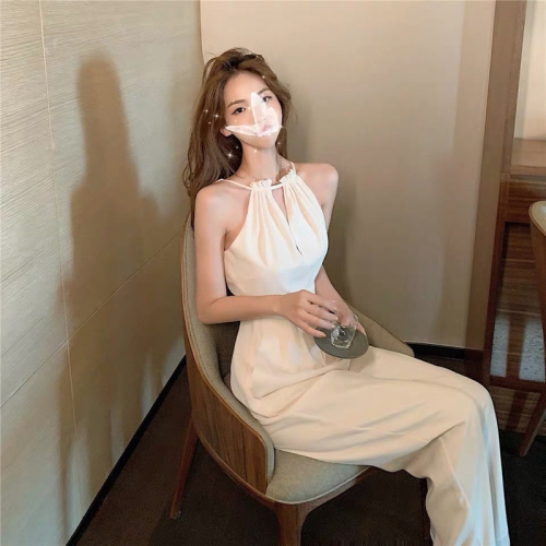❤️現貨在台，白S- XL 氣質 女神 掛脖 輕熟風 連身褲 連體褲 寬鬆 闊腿 長褲 闊腿褲 v領 婚宴 正式