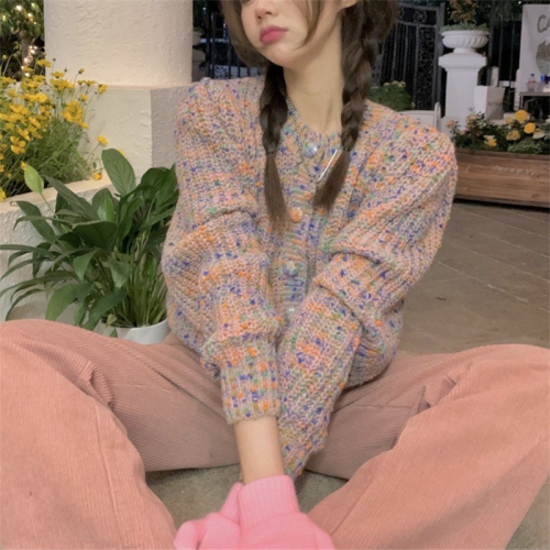 雙色軟糯彩虹毛衣外套 女秋冬季新款奶系甜美小個子短版針織小外套 韓國東大門秋冬設計感小眾重工厚實百搭彩色球小外套針織毛衣