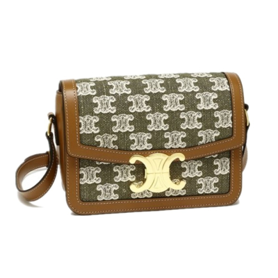 【CELINE 思琳】CELINE 老花牛仔帆布 棕皮革飾邊 斜背包 [綠] __DVSHOP 保證正貨 台灣現貨不用等