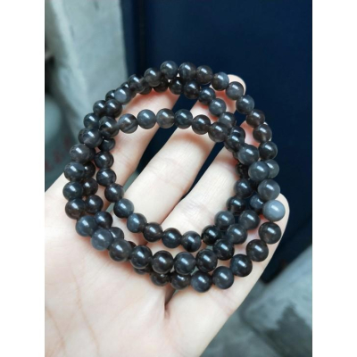 天然水晶冰種金眼黑曜石多圈手鍊繞三圈項鍊手珠手串手環手鏈6.4mm/28.8g珠寶玉石寶石首飾飾品專櫃精品