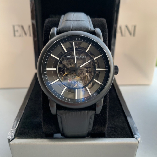 Emporio Armani阿瑪尼手錶 全自動機械手錶男 新款時尚鏤空真皮帶男錶 黑色商務休閒男士腕錶AR60008