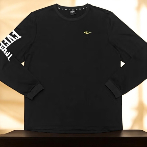 everlast-男款 圓領長袖 黑色 棉質 薄款 吸汗 透氣 親膚 柔軟 運動 休閒 戶外 居家 日常