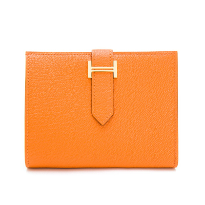 【HERMES 愛馬仕】 HERMES Bearn Compact wallet 經典H穿釦防刮中夾 (橘)