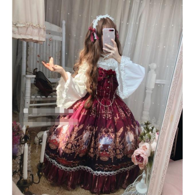 【預購】lolita血色仙杜瑞拉 玫瑰花緞帶蝴蝶結花朵蕾絲花邊荷葉邊珠鍊玻璃舞鞋印花洋裝/連身裙/連衣裙 哥德系蘿莉塔