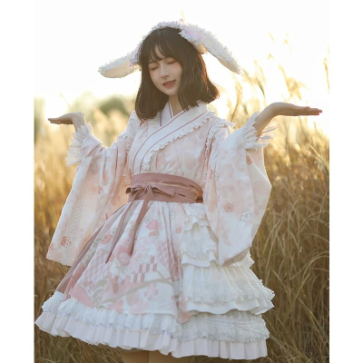 【預購訂做】lolita戀戀春櫻 蕾絲花邊荷葉邊木耳邊和服/洋裝/連身裙/連衣裙 日系軟妹 甜美系蘿莉塔 和風蘿莉塔