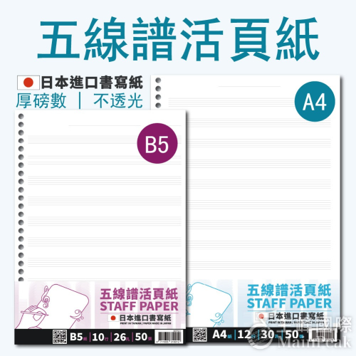 【恩心樂器】A4 B5 加厚 不反光 五線譜活頁紙 30孔 26孔 採用日本紙 活頁內紙 活頁紙 內頁紙 筆記 內頁紙