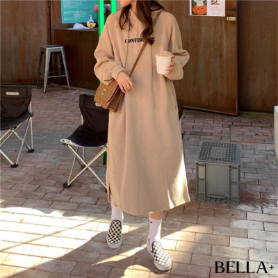 BELLA+? 加絨加厚大尺碼加寬韓版寬鬆長款字母印花連帽連衣裙帽T台灣現貨