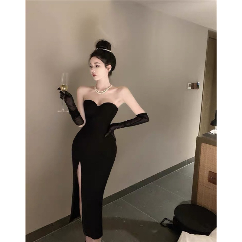 ❤️現貨在台，L，附袖套 法式 緊身 抹胸 連衣裙 平口 赫本風 收腰 性感 女神 開叉 包臀 御姐 禮服 洋裝 套裝