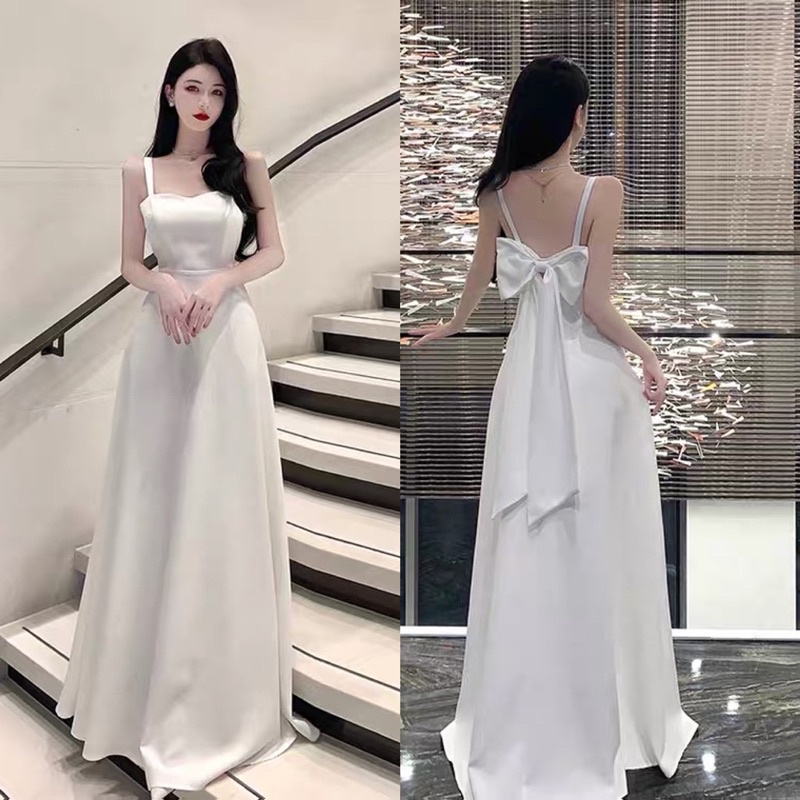 ❤️現貨在台，白 高質感 伴娘服 婚宴 頒獎 拖地 禮服 晚禮服 蝴蝶結 高級感 氣質 露背 仙女 度假 連衣裙 長裙