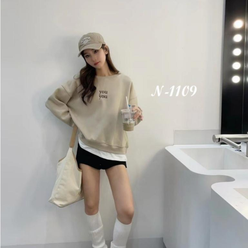 N-1109 ???? 現貨? you刷毛拼接圓領衛衣大學T
