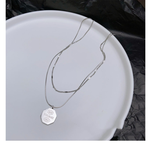 ?BEAUTY飾品? FN77 在台現貨 真金電鍍14k 雙層六角形刻字鈦鋼項鍊（銀色）