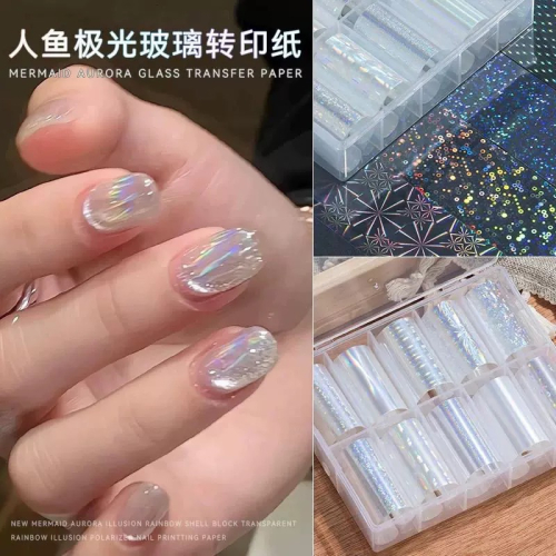 美甲玻璃人魚極光轉印紙爆閃美甲貼紙幻彩鐳射星空紙指甲裝飾品