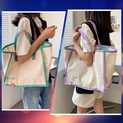韓版Just for you彩色織帶滾邊車縫線帆布包 磁扣內袋 加厚帆布 大容量百搭側背跳色撞色托特包 單肩包手提包包