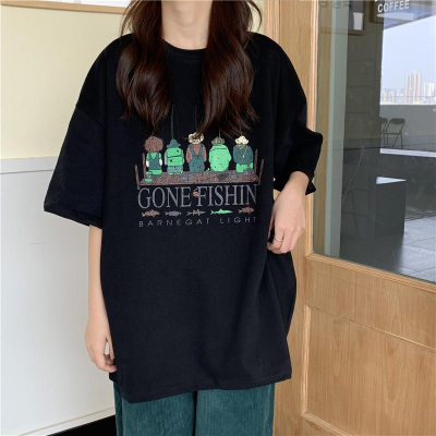【三番雜貨屋】 GO!GO! 釣魚大賽 棉質上衣 短袖 寬鬆美式復古 原宿慵懶風 日系少女感