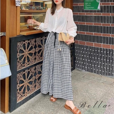 BELLA+台灣現貨秒出?格子闊腿褲寬褲長褲新品鬆緊高腰顯瘦百搭休閒褲棉麻大尺碼褲裙