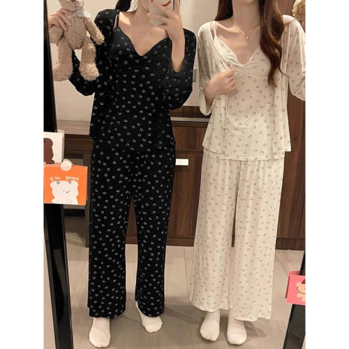 ???現貨秒出 M-3XL 笑臉自帶胸墊睡衣女長袖三件套裝 睡衣 可愛 居家服 大尺碼睡衣 細肩睡衣 長褲睡衣