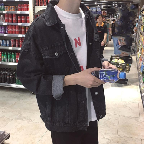 黑色現貨牛仔外套男士韓 寬鬆春秋ins男士