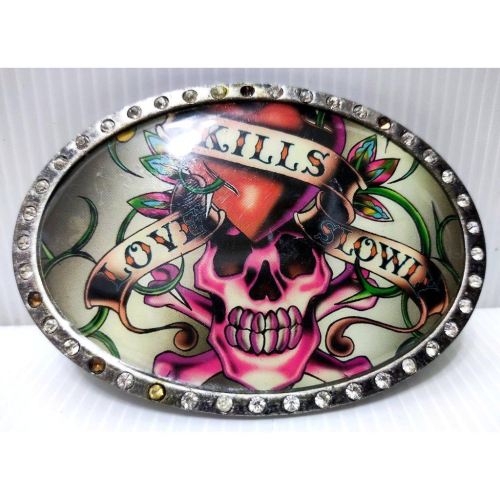 賠售出清【美國潮牌ED HARDY】愛殺骷髏 白 巨型 金屬圓盾 閃亮水鑽 皮帶頭 可搭配任何扣式皮帶身使用