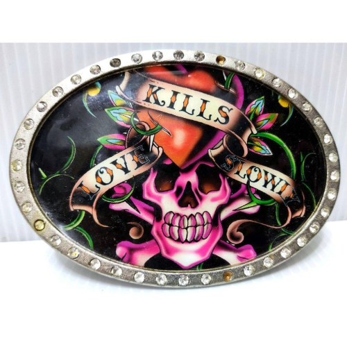 賠售出清【美國潮牌ED HARDY】愛殺骷髏 黑 巨型 金屬圓盾 閃亮水鑽 皮帶頭 可搭配任何扣式皮帶身使用