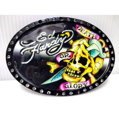 賠售出清【美國潮牌ED HARDY】死亡榮耀寶劍骷髏 黑 巨型 金屬圓盾 閃亮水鑽 皮帶頭 可搭配任何扣式皮帶身使用