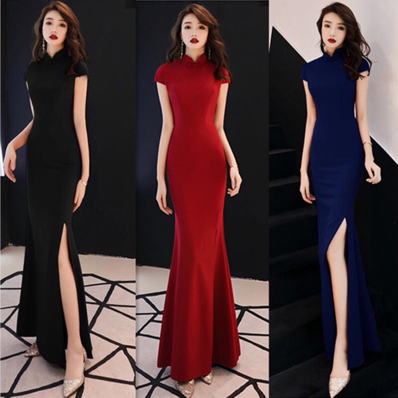 ❤️現貨在台，黑.藍.紅S-L 敬酒服 新娘 旗袍 魚尾 結婚 長裙 修身顯瘦 禮服 連衣裙 包臀 開叉 女神 角色扮演