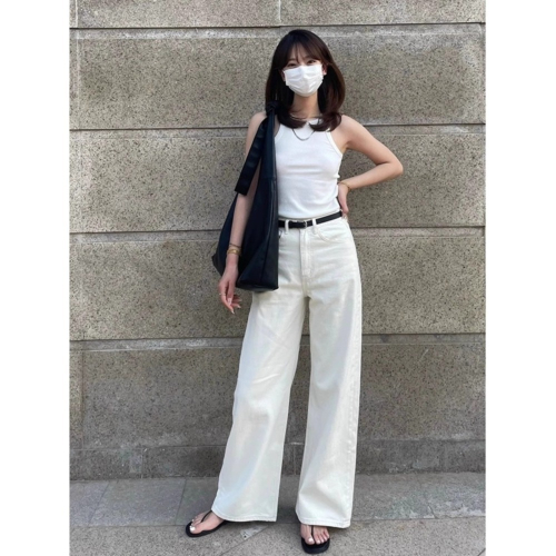 四季。百搭實穿款 上身版型超顯瘦 小個/高個必備寬鬆修身高腰闊腿褲白色牛仔褲九分褲直筒長褲-Euphoria Store