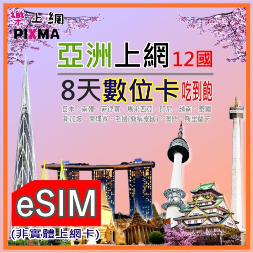 eSIM數位卡 亞洲8天5GB虛擬卡 泰國 印尼越南 日本南韓 新加坡馬來西亞 寮國柬埔寨 (非實體上網卡)【樂上網】