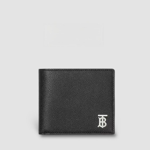 Check and Leather Bifold Wallet TB字樣粒面皮革雙折皮夾｜黑色｜荔枝紋｜TB金屬字樣