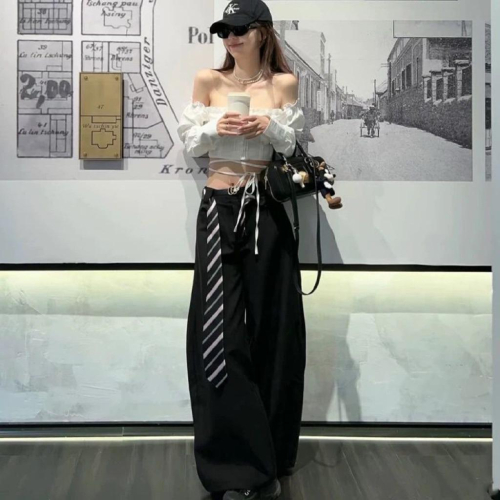 ??????｜純欲風黑粉色條紋腰帶女新款配褲子腰飾領帶辣妹街舞系腰腰繩配飾