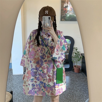 【三番雜貨屋】森林系女孩花花襯衫 寬鬆上衣 短袖 寬鬆美式復古 原宿慵懶風 日系少女感