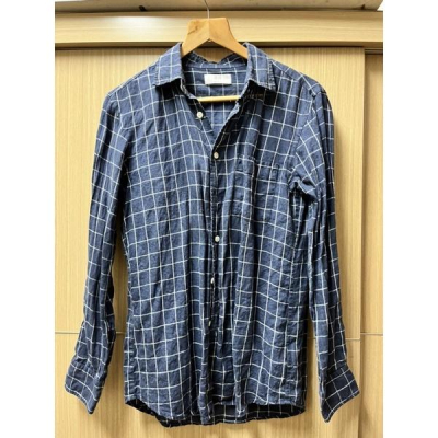 uniqlo 藍白格紋亞麻長袖襯衫 七成新