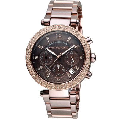 Michael Kors 美式璀璨晶鑽計時腕錶-巧克力色 MK-6378