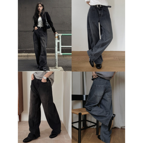 正韓製拼接剪裁高腰牛仔褲 pants ( slowand 自訂款 ) 長褲 寬管 寬褲 寬鬆