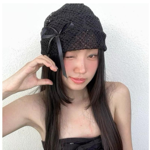 ??????｜隔日到貨｜可愛黑色蝴蝶結冷帽女百搭韓版彈力包頭蕾絲帽子潮夏季顯臉小百搭