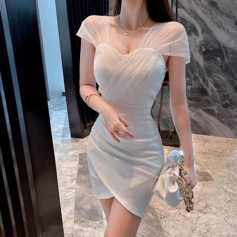 ❤️現貨在台，白S(S-L) 夜店 女神 性感 抹胸 小禮服 收腰 包臀 法式 一字領 露肩 連衣裙 洋裝 禮服